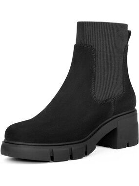 Women's Black Faux Suede Elastic Chelsea Chunky Block Heel Lug Sole Ankle Boots